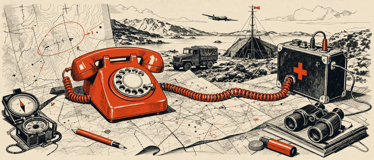 Un vieux téléphone à cadran rouge vermillon posé sur une carte d'état-major dépliée, un fil torsadé serpentant jusqu'à une boîte en bakélite étiquetée d'une croix.