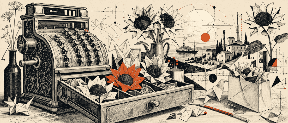Une vieille caisse enregistreuse en laiton dont le tiroir s'ouvre sur des billets pliés en origami formant des silhouettes de tournesols, l'un d'eux teinté vermillon.