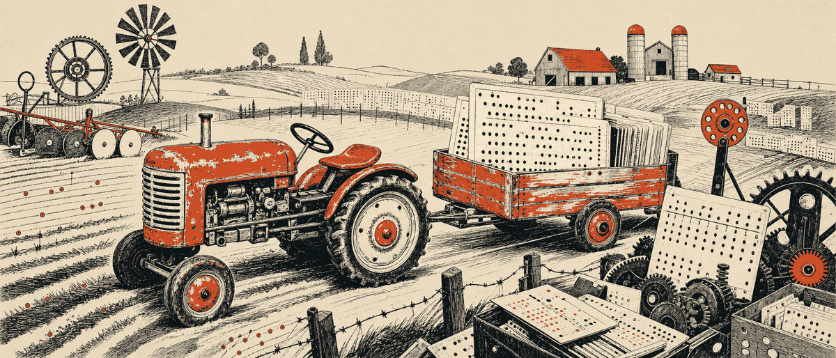 Un tracteur miniature en tôle peinte, vermillon écaillé, traînant derrière lui une remorque chargée non de foin mais de cartes perforées.