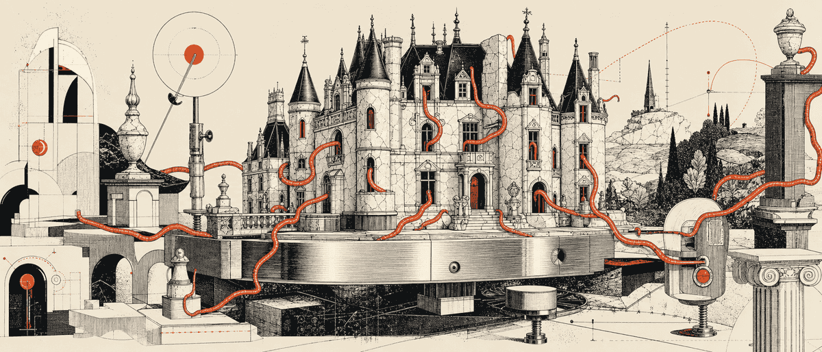 Un château miniature en porcelaine fissurée posé sur un socle d'aluminium brossé, des câbles serpent vermillon sortant de ses fenêtres.