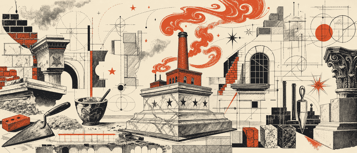 Une cheminée d'usine en briques rouges miniature, fumée vermillon en spirales, posée sur un socle de marbre gravé d'étoiles.
