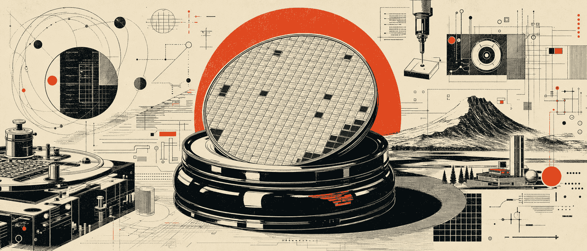 Un wafer de silicium vintage posé sur un socle de laque noire, halo vermillon en arc de cercle évoquant un sceau impérial, ombre portée nette façon sérigraphie.