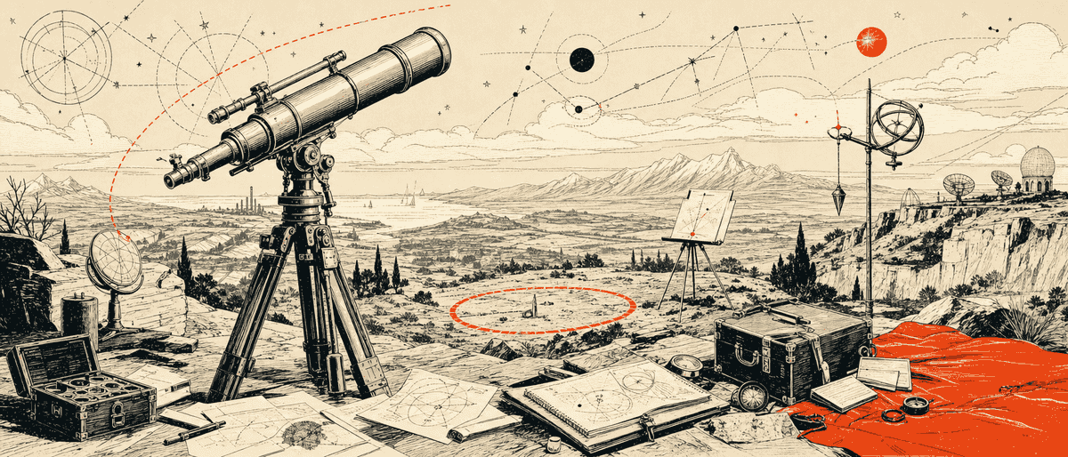 Un télescope en laiton ancien pointé vers le ciel, avec une marque vermillon nette encerclant un détail au sol invisible.