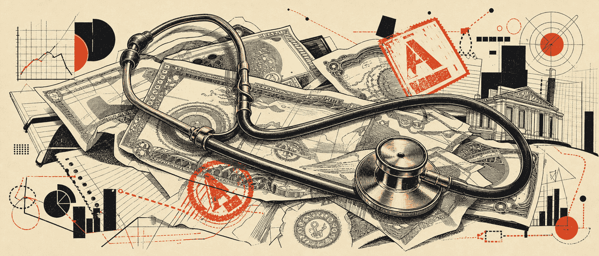 Un vieux stéthoscope en laiton posé sur une liasse de billets froissés, marquée d'un tampon vermillon « Série A ».