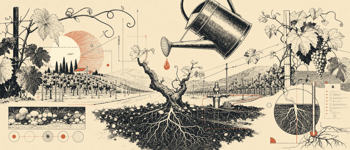 Un arrosoir en zinc vintage incliné au-dessus d'un cep de vigne stylisé, une goutte vermillon en suspension.