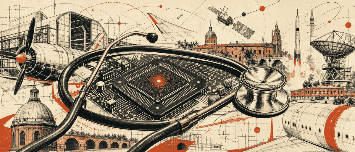 Un stéthoscope vintage en laiton enroulé autour d'un microprocesseur, une diode vermillon clignotant au centre.