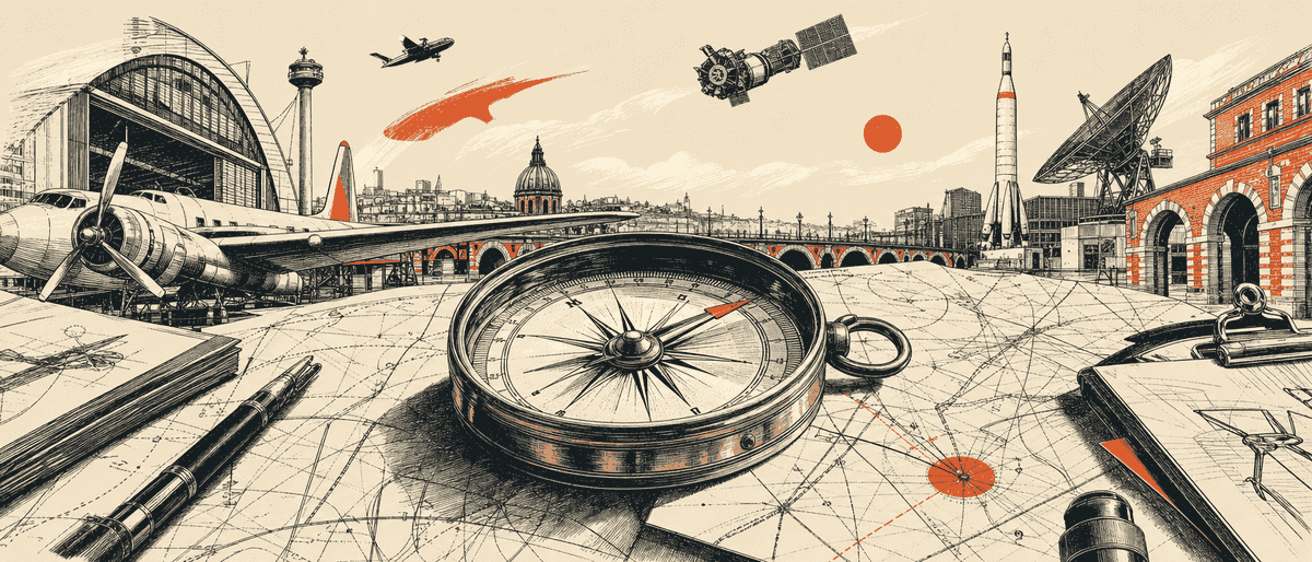 Une boussole en laiton vintage posée sur une carte aéronautique pliée, l'aiguille pointant un repère vermillon, lumière rasante d'atelier.