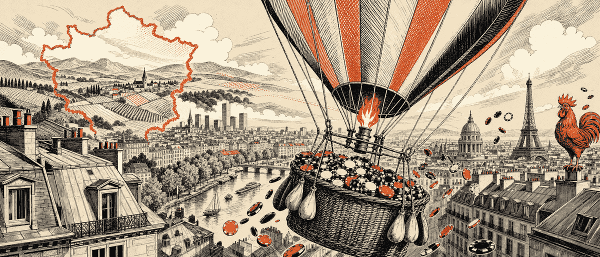 Une montgolfière vintage gonflée à bloc, sa nacelle remplie de jetons, une flamme vermillon dessous.