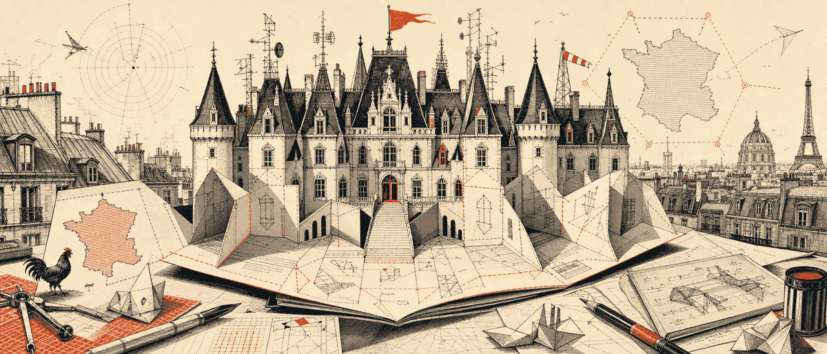 Un château vintage en pop-up de papier qui se déplie, ses tours hérissées d'antennes, un drapeau vermillon.