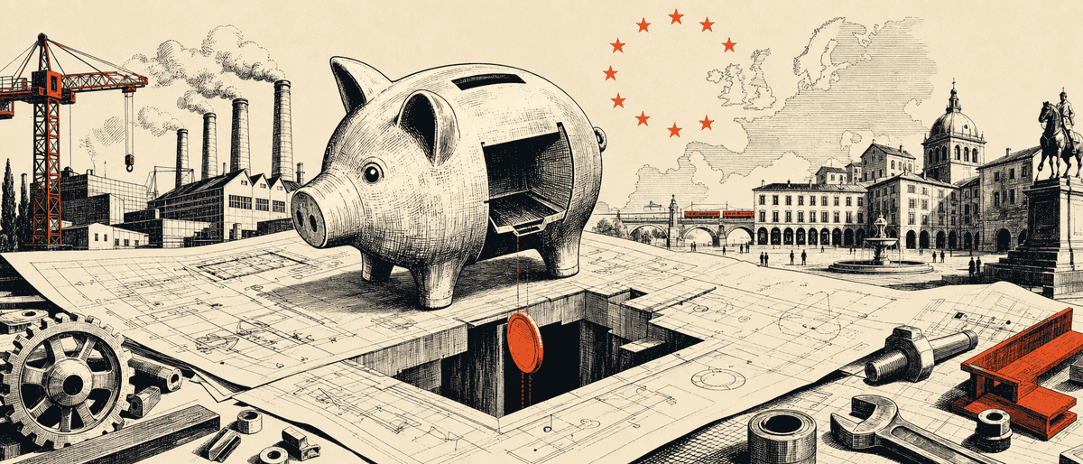 Une tirelire en fonte vintage posée sur un plan d'usine déplié, une fente surdimensionnée laissant tomber un unique jeton vermillon dans le vide.