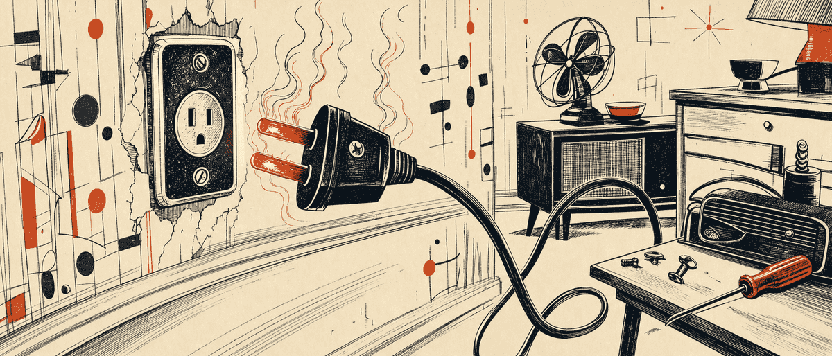 Une prise électrique vintage débranchée d'un mur, l'embout encore brûlant d'un rouge vermillon, le câble pendant dans le vide.