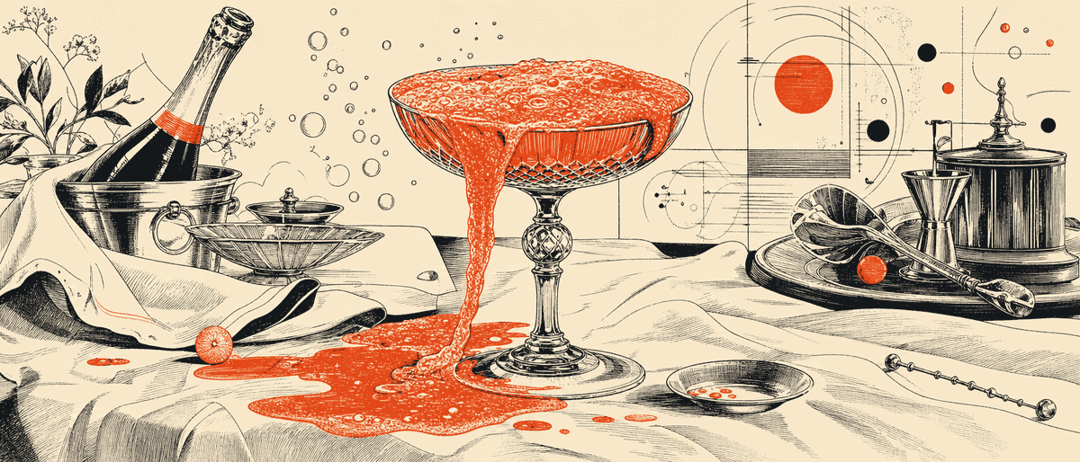 Une coupe à champagne vintage remplie à ras bord d'une mousse vermillon qui déborde lentement sur une nappe blanche.