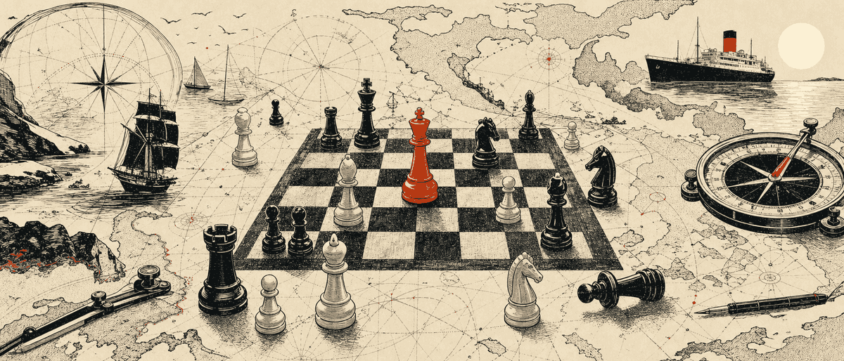 Un jeu d'échecs en bakélite vintage posé sur une carte maritime jaunie du Pacifique, une pièce isolée laquée d'un vermillon vif au centre du plateau, lumière rasante, composition carrée 1:1, texture sérigraphiée.