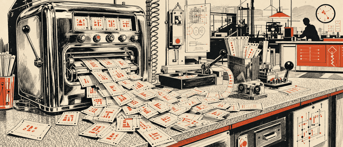 Un vieux distributeur automatique en métal chromé délivre des tickets marqués d'un tampon vermillon 'IA', empilés en désordre sur un comptoir en Formica.