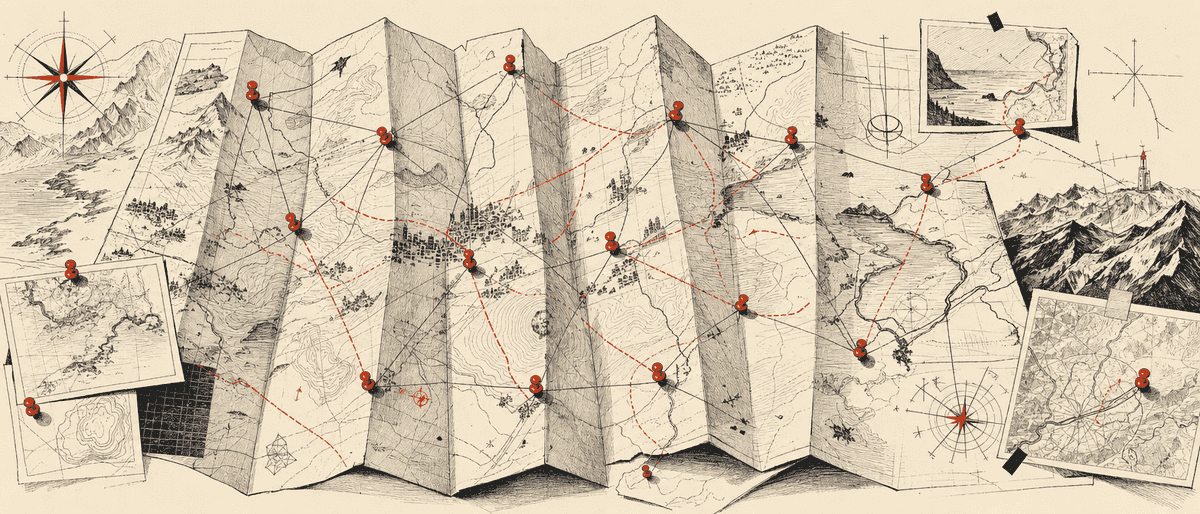 Une vieille carte routière pliée en accordéon, épinglée de punaises vermillon aux emplacements des villes, avec des lignes tracées au crayon reliant les points.
