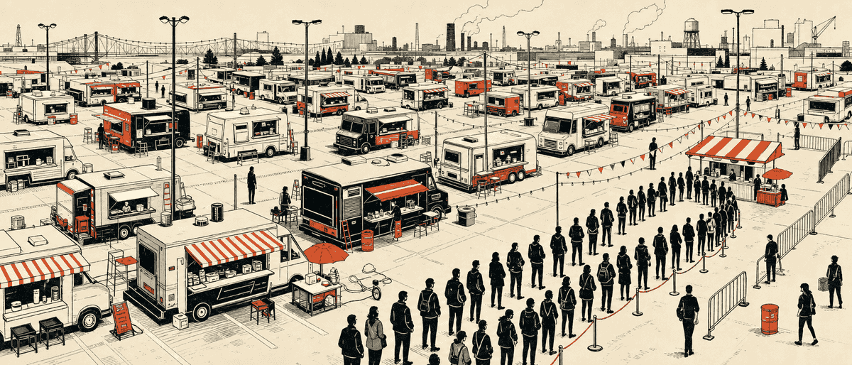 Un immense parking de food-trucks flambant neufs, tous ouverts en même temps — mais la file d'attente se forme uniquement devant le guichet des tickets-restaurant subventionnés.