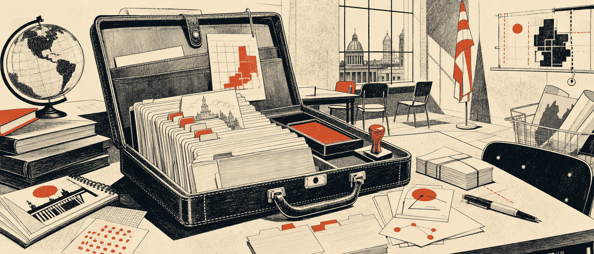 Une vieille mallette pédagogique en cuir ouverte sur une table en formica beige, contenant des fiches cartonnées et un tampon encreur vermillon, lumière oblique de salle municipale, style silkscreen 1:1.
