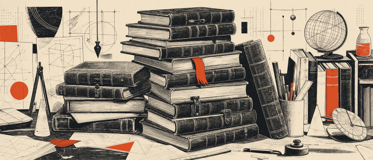 Une pile de manuels scolaires reliés cuir, le treizième volume marqué d'un signet vermillon qui dépasse.