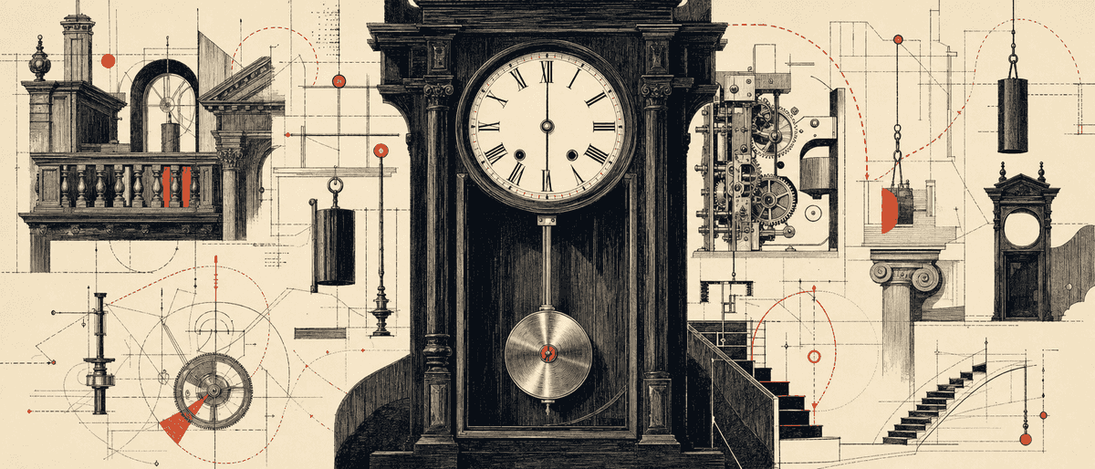 Une horloge à balancier en bois sombre, le pendule s'arrête à mi-course, marqué d'une vis vermillon.