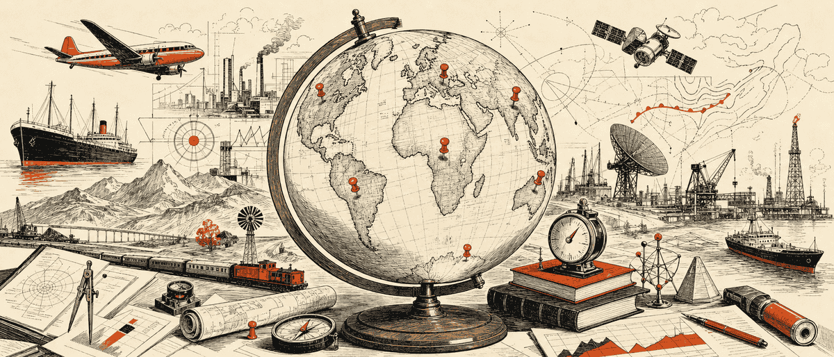 Un globe terrestre en bois verni sur pied de laiton, une épingle vermillon plantée sur chaque continent.
