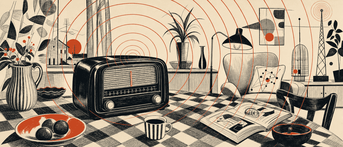 Une vieille radio en bakélite posée sur une nappe à carreaux diffuse des ondes circulaires vermillon vers les coins de l'image.