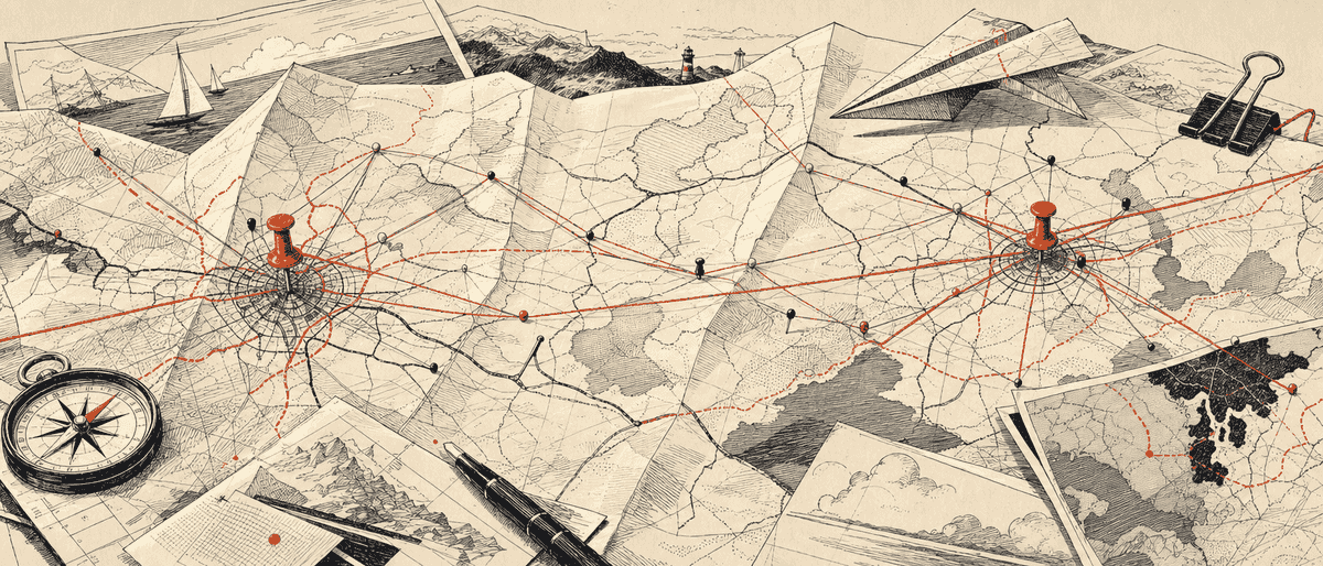 Une carte routière dépliée et froissée, deux épingles vermillon plantées sur les grandes métropoles, les villes intermédiaires reliées par des fils de coton.