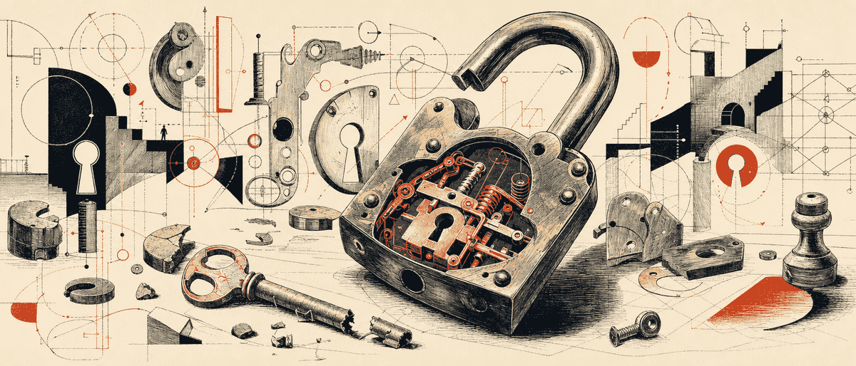 Un vieux cadenas en laiton ouvert, sa clé brisée à côté, le mécanisme intérieur souligné d'un trait vermillon.