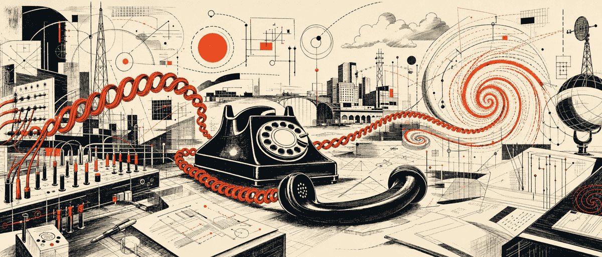 Un vieux téléphone à cadran rotatif en bakélite noire, combiné décroché, le fil torsadé qui se transforme en spirale vermillon.